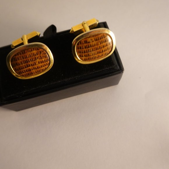 Vintage Cufflinks Gold Tone with Leather Retro Mid Century - Picture 1 of 2